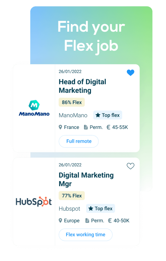Carte 'Trouve ton Flex Job' de l'application Jobgether avec deux exemples de flex job.